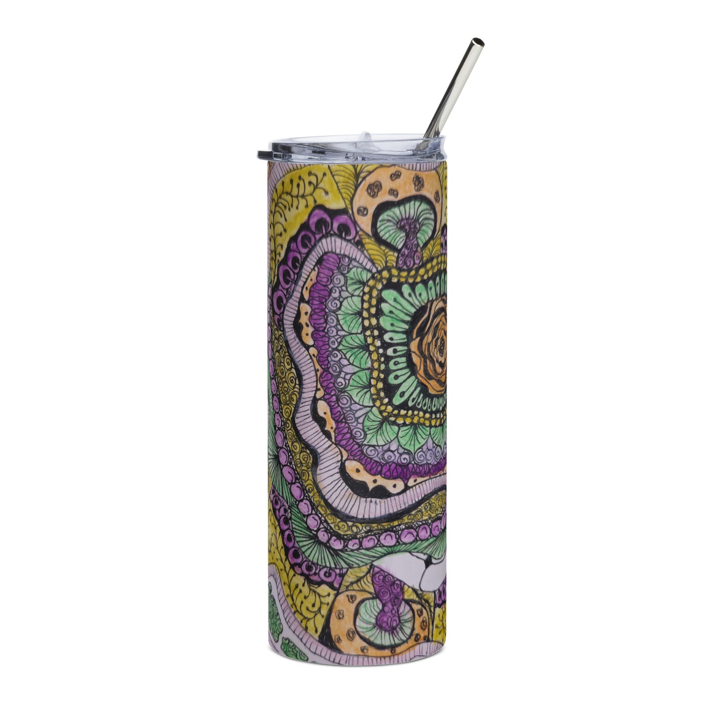 Stainless Steel Tumbler - Zen Floral Bliss - Colorful Zentangle Artwork Design 20 ounce  with Lid and Straw