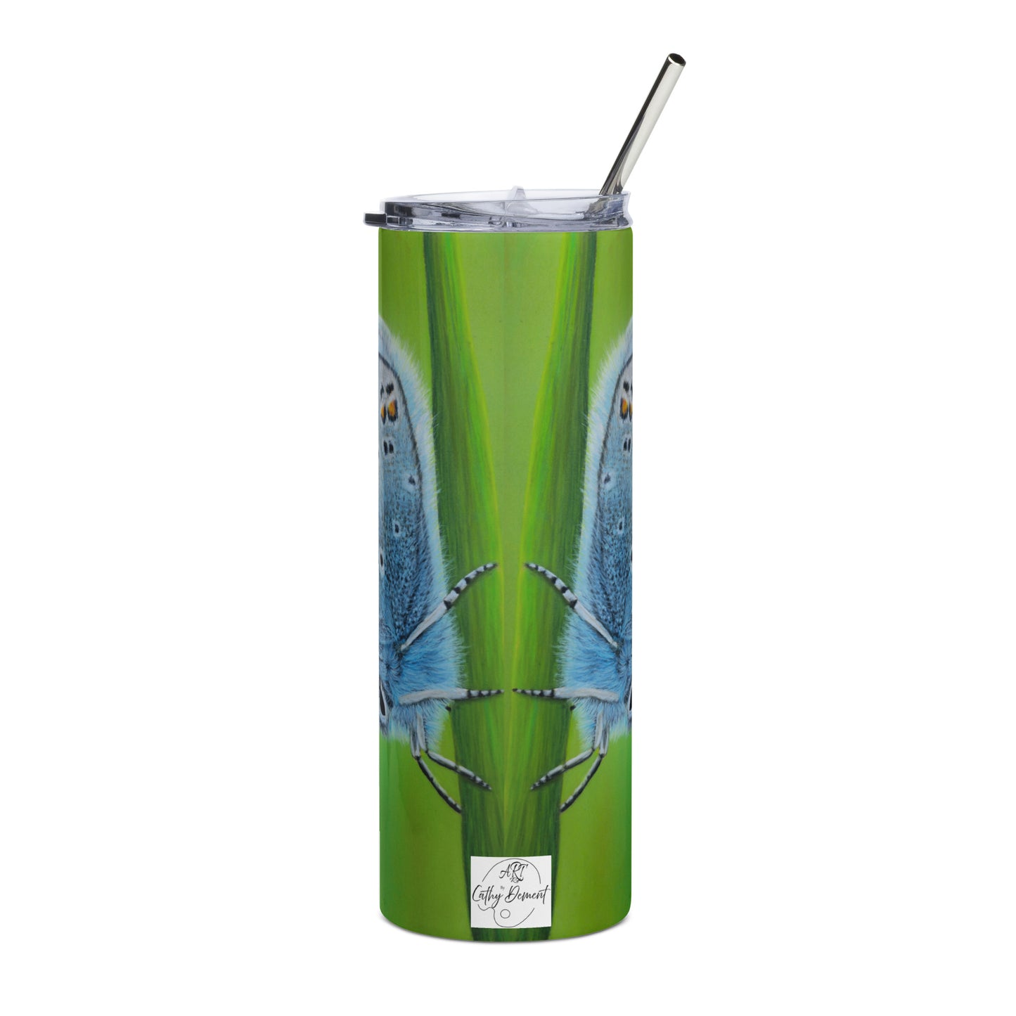 Stainless Steel Tumbler - Gossamer Blue, Karner Blue Butterfly Artwork, 20 Oz Cup with Straw and Lid