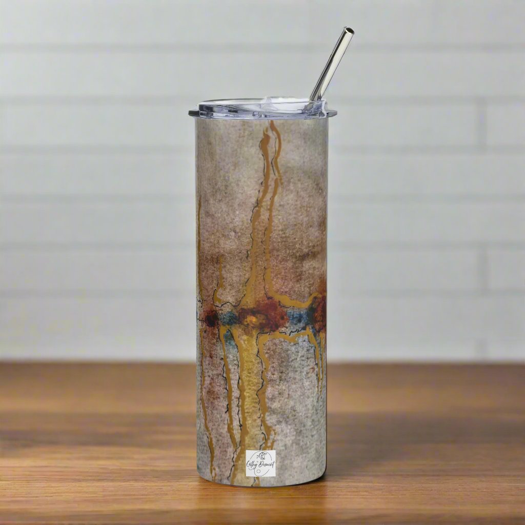 Stainless Steel Tumbler - Twilight Reflections, Abstract Sunset Artwork Design, 20 Oz Cup with Straw and Lid