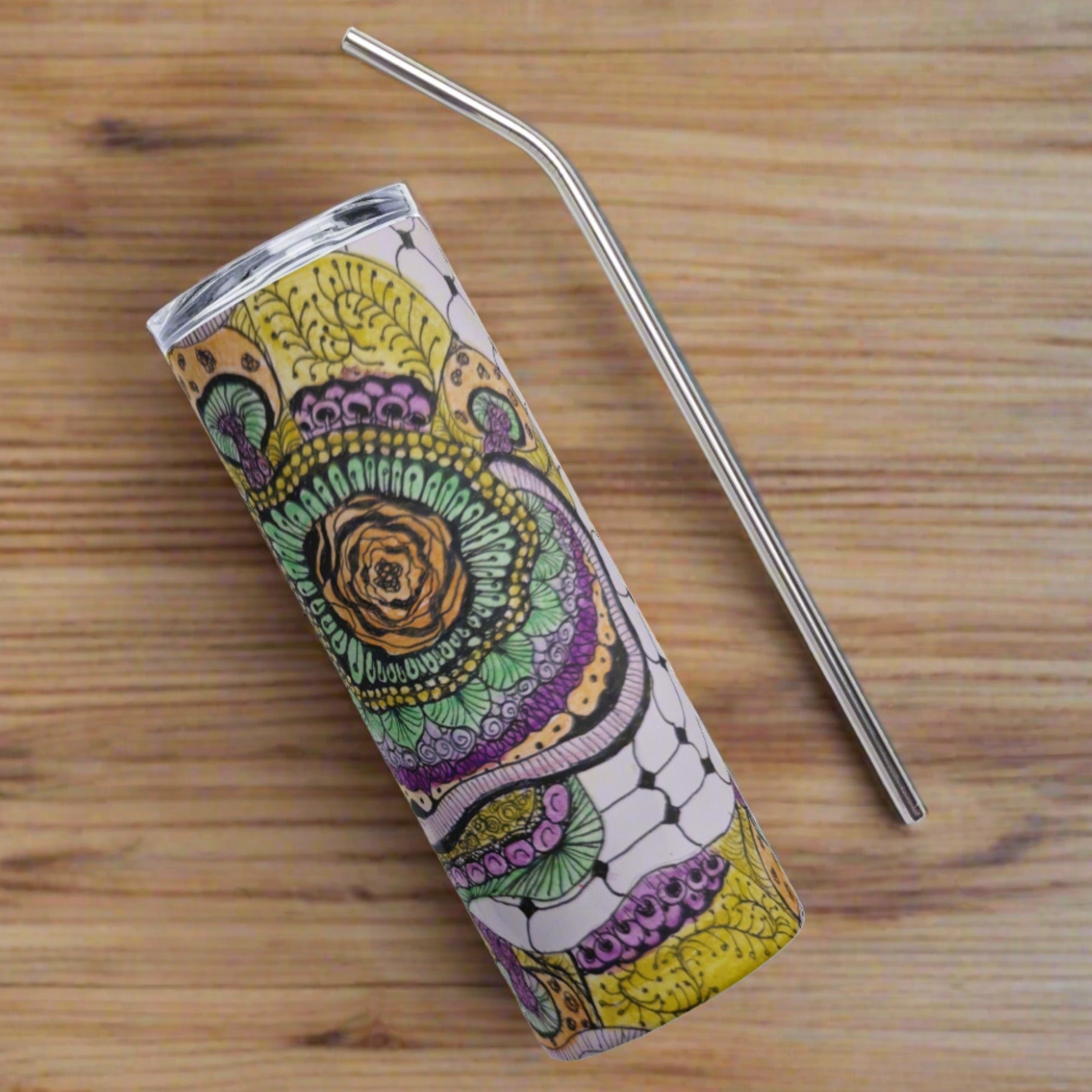 Zen Floral Bliss Stainless Steel Tumbler: Zentangle Artwork Design