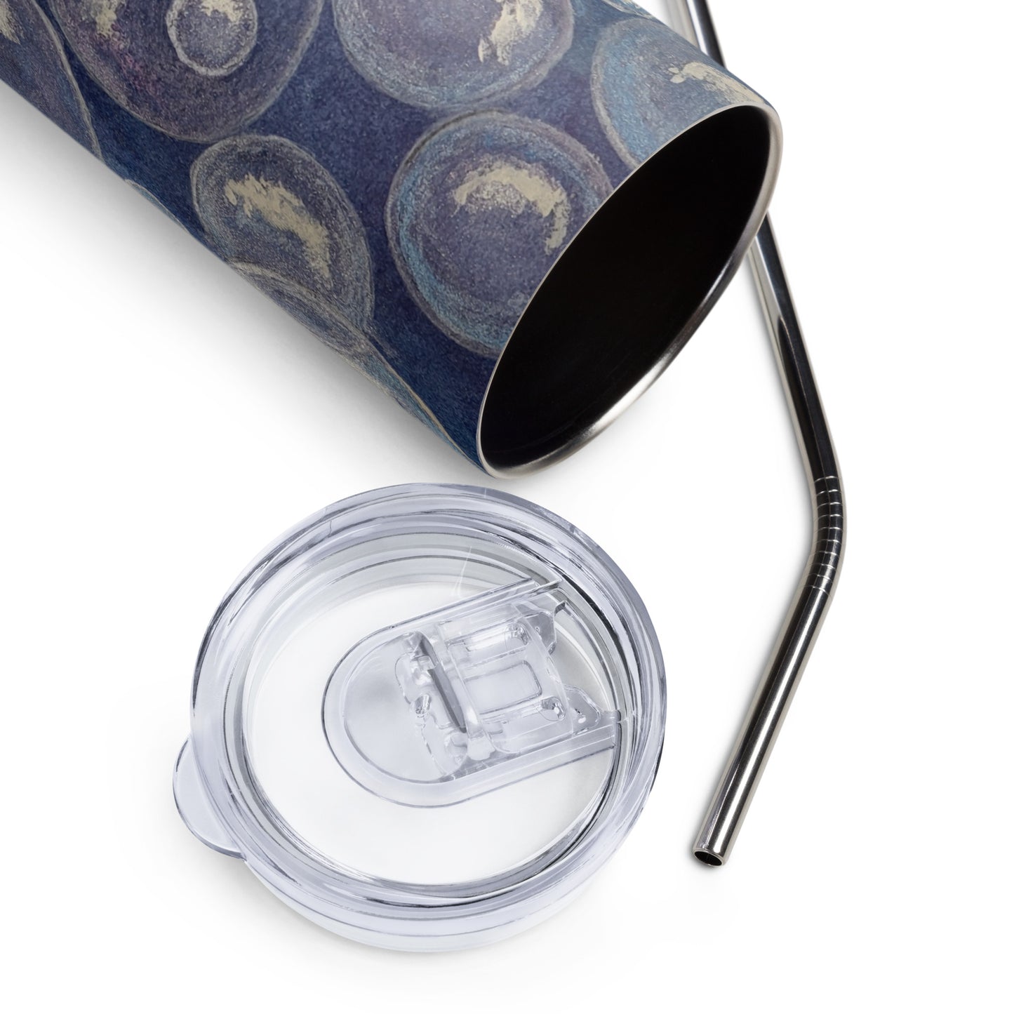 Stainless Steel Tumbler - Tranquil Reflections: Blue and White Reflective Bubble Design