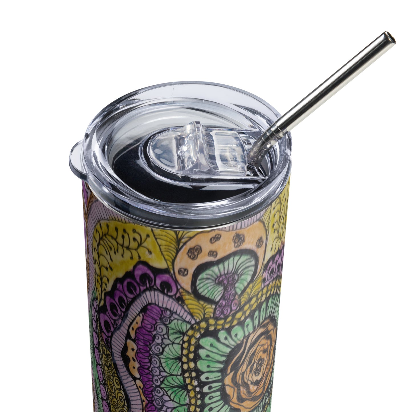 Stainless Steel Tumbler - Zen Floral Bliss - Colorful Zentangle Artwork Design 20 ounce  with Lid and Straw