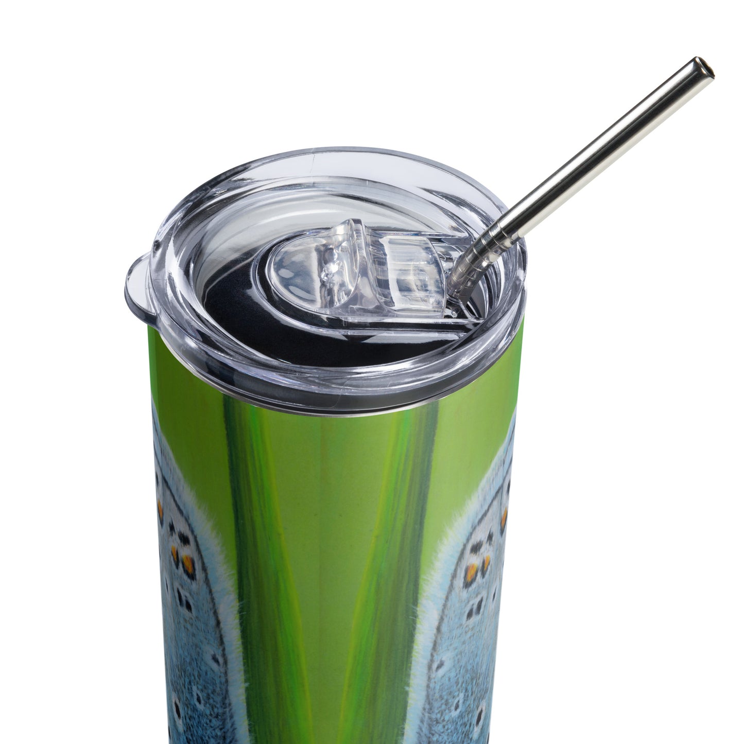 Stainless Steel Tumbler - Gossamer Blue, Karner Blue Butterfly Artwork, 20 Oz Cup with Straw and Lid