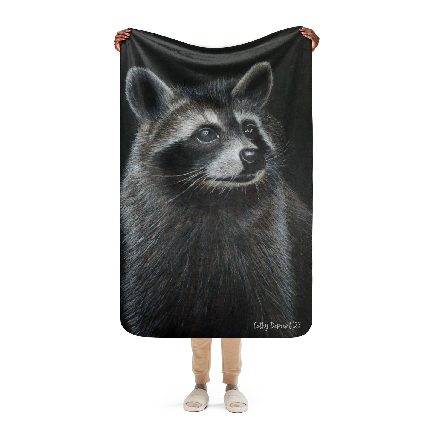 Raccoon Sherpa Blanket: Silent Observer Cozy Wildlife Art Print on Plush Fleece