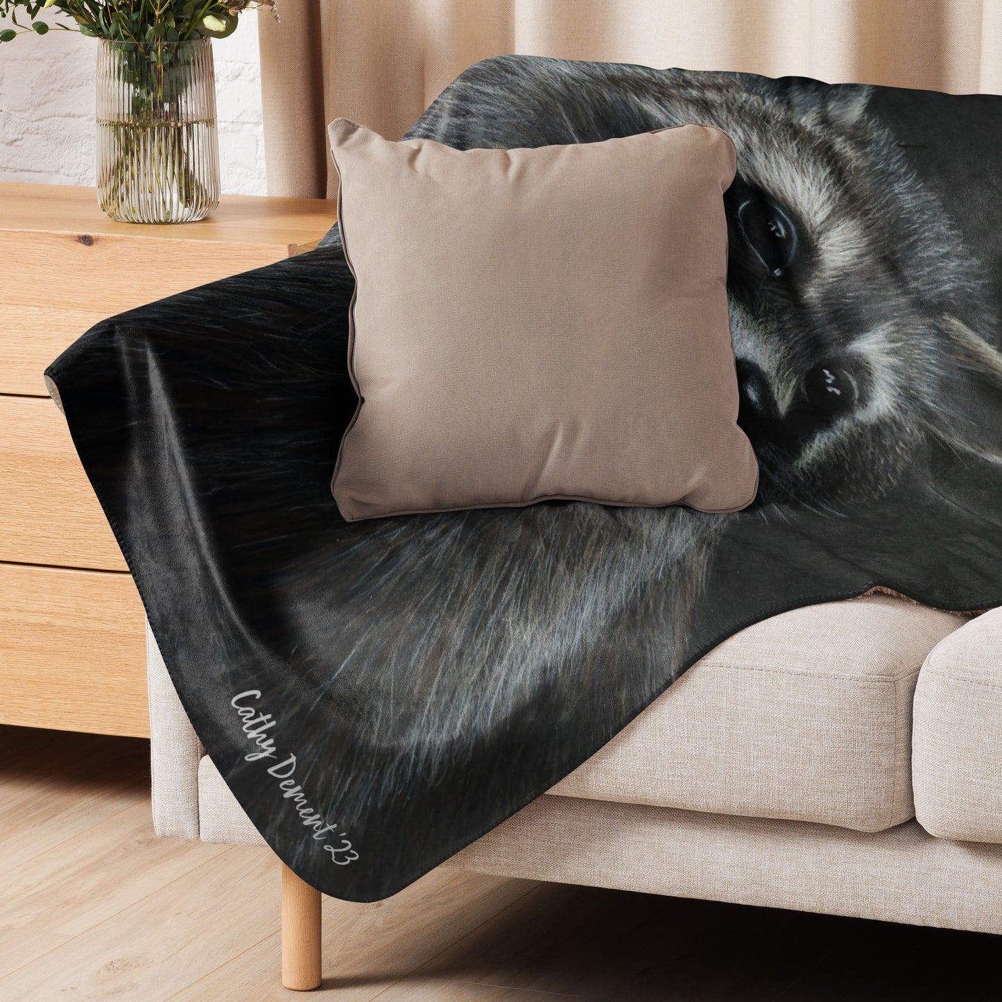 Raccoon Sherpa Blanket: Silent Observer Cozy Wildlife Art Print on Plush Fleece