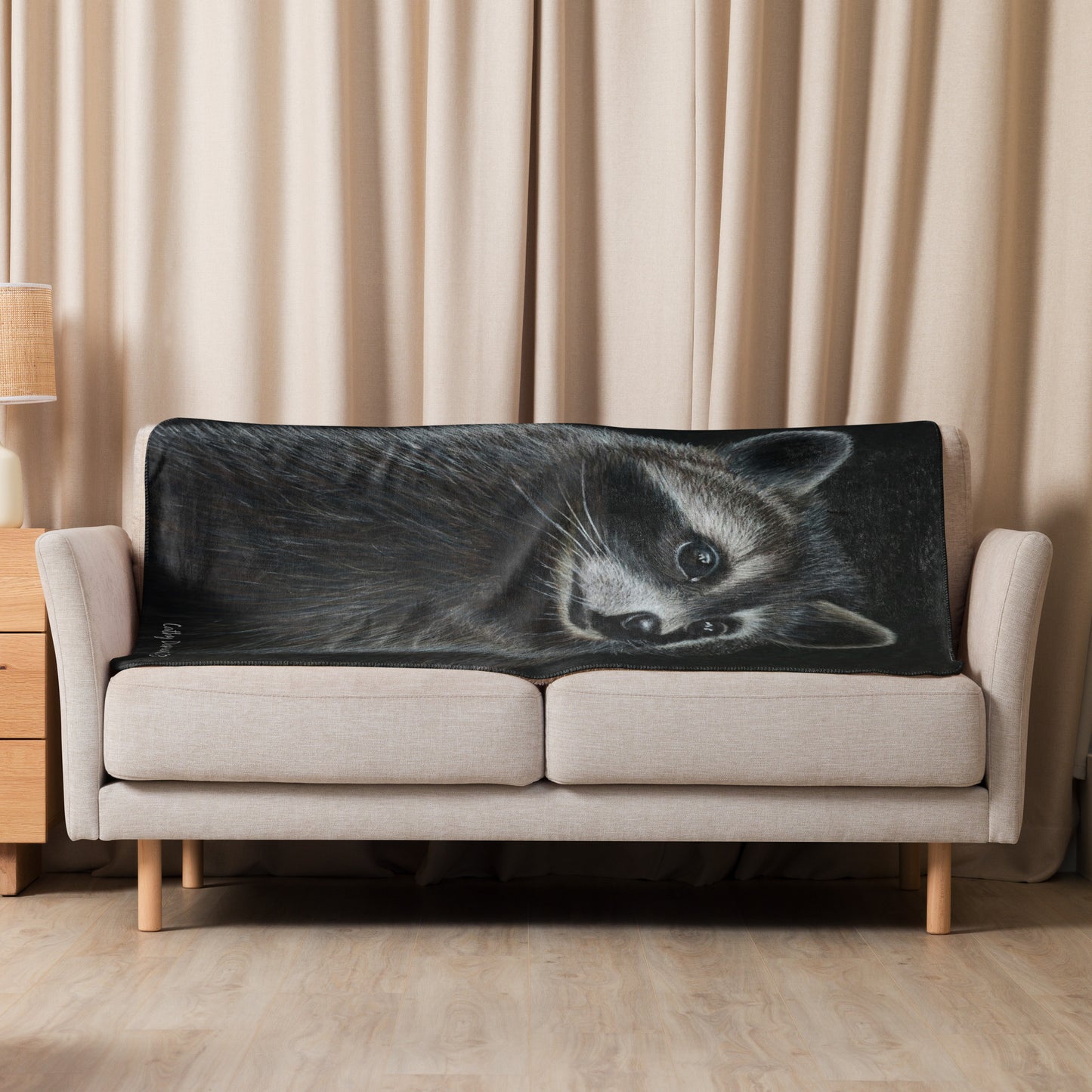 Raccoon Sherpa Blanket: Silent Observer Cozy Wildlife Art Print on Plush Fleece