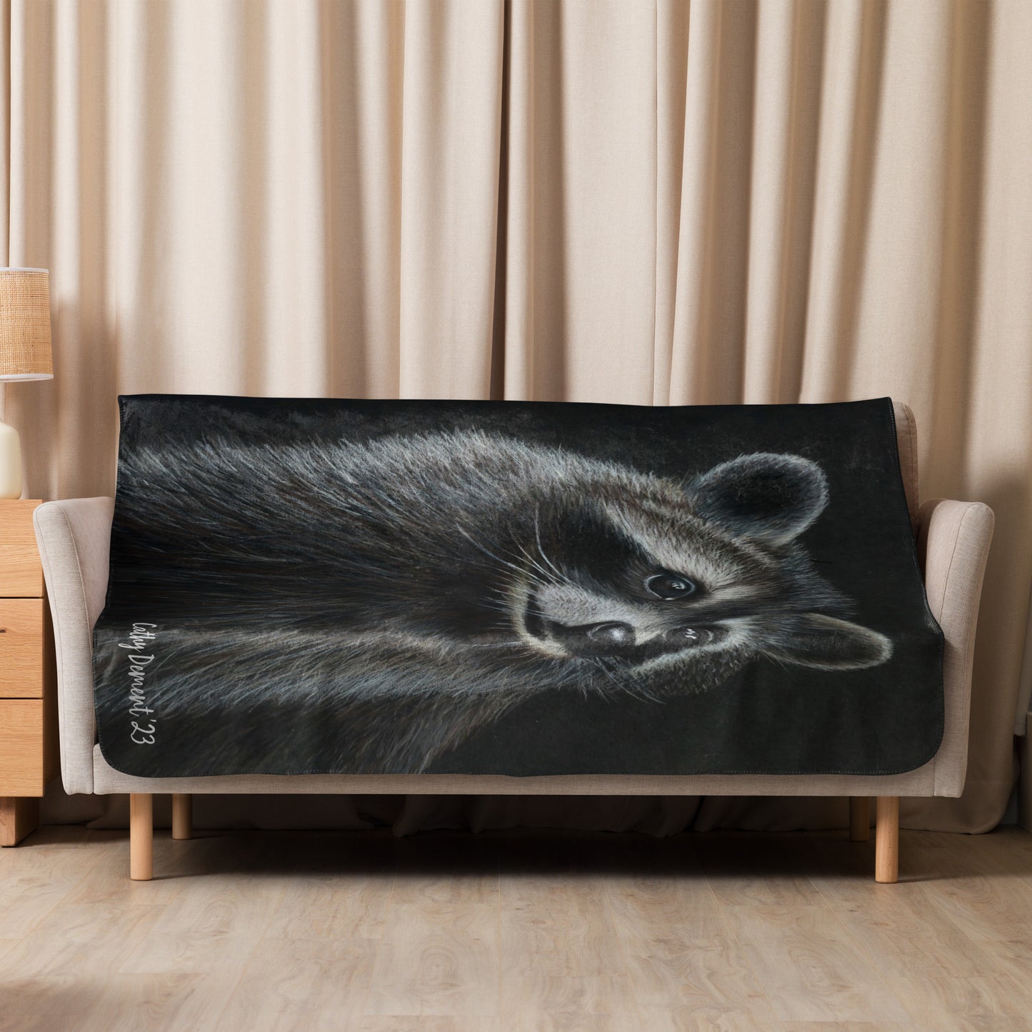 Raccoon Sherpa Blanket: Silent Observer Cozy Wildlife Art Print on Plush Fleece