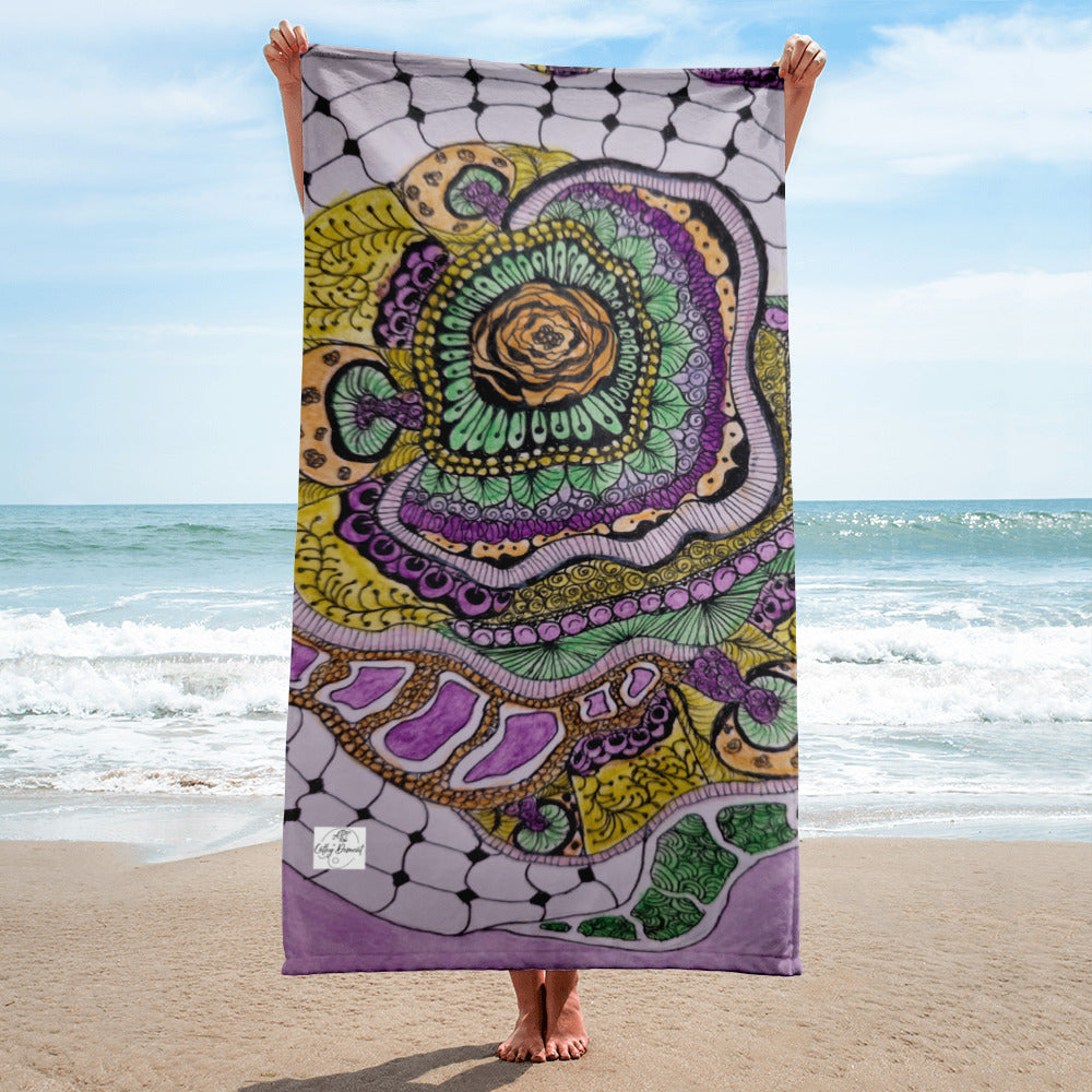 Zen Floral Bliss: Zentangle Design Artistic Beach Towel by cathy dement