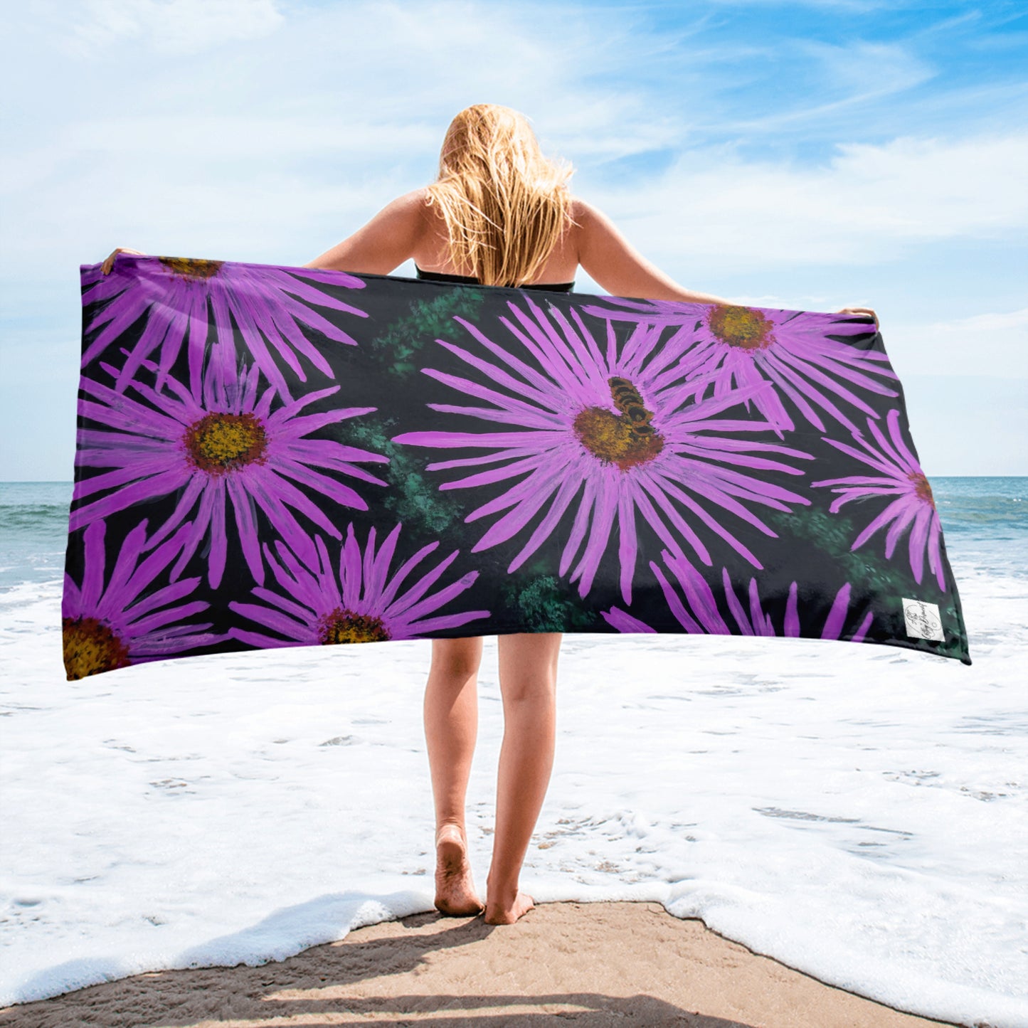 Purple Flowers With Bee Towel: Floral Artwork Design by cathy dement