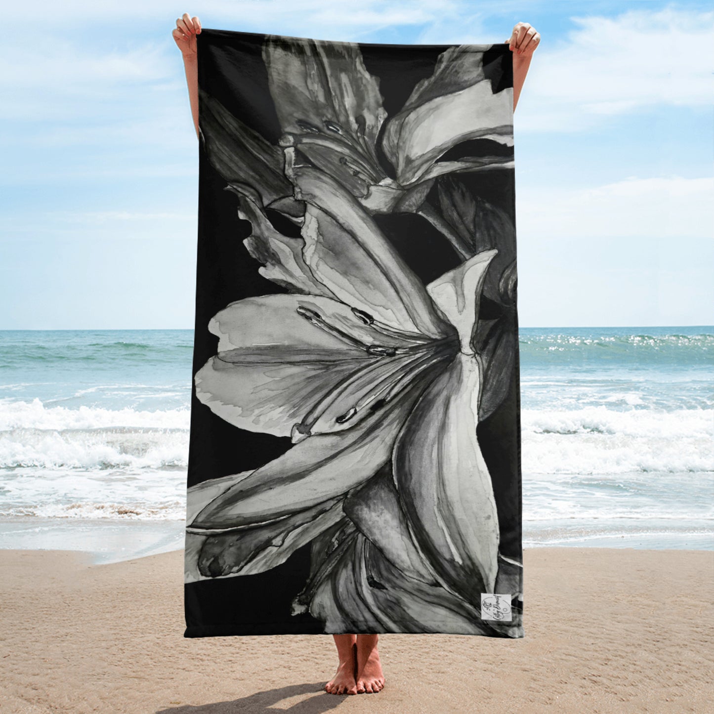 Floral Elegance Beach Towel: Monochrome Lily Artwork Design