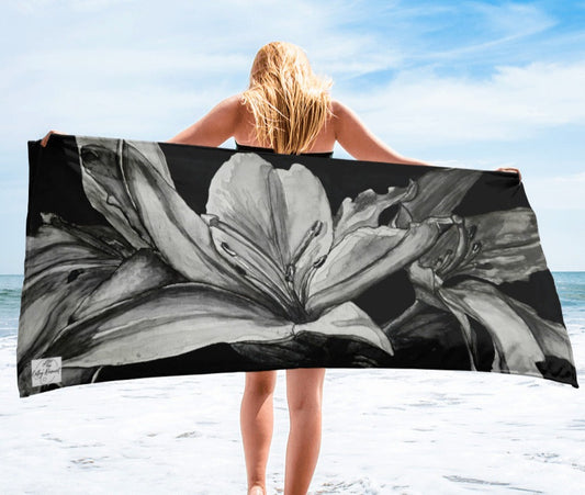 Floral Elegance Beach Towel: Monochrome Lily Artwork Design by cathy dement