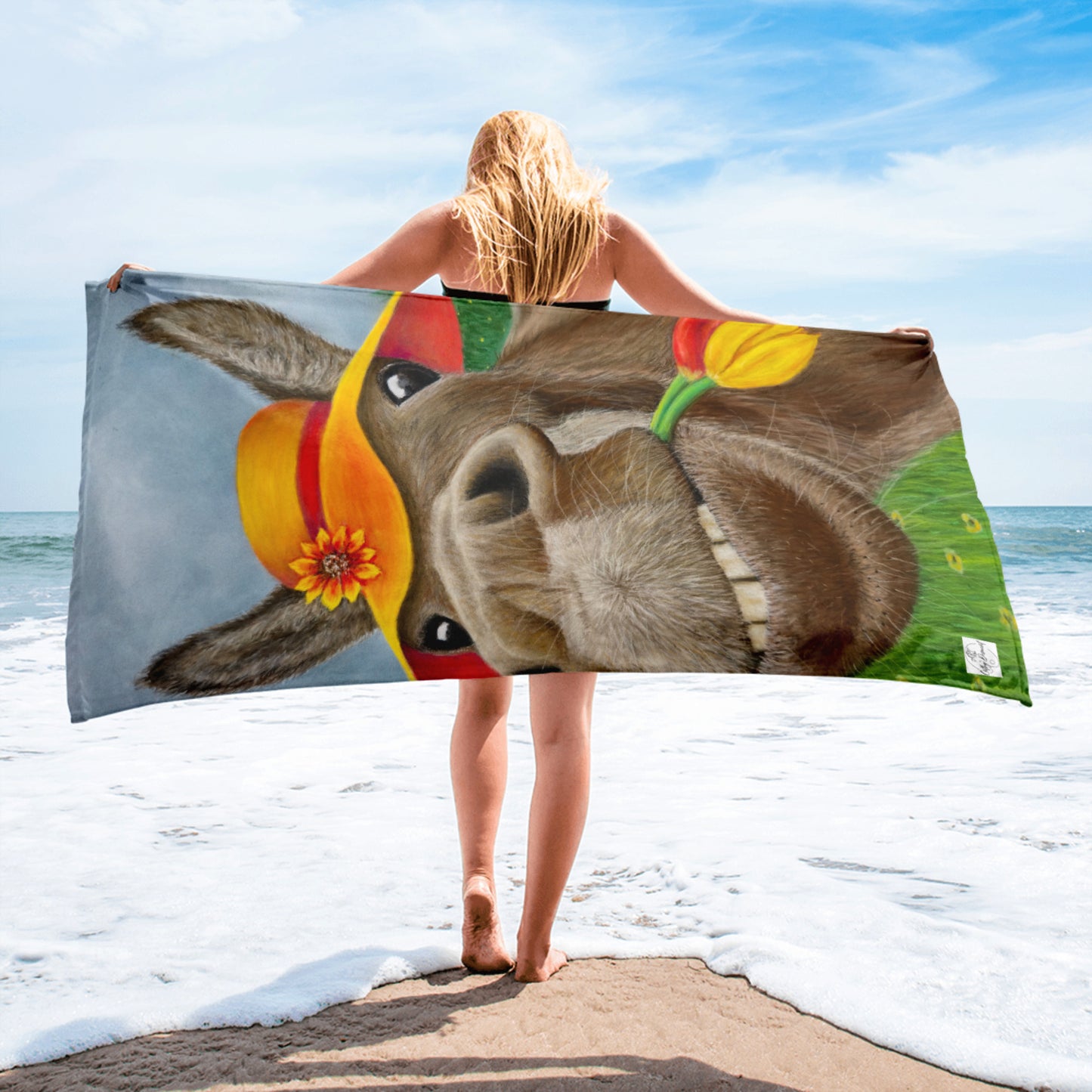 The Tulip Thief Towel: Whimsical Donkey in Floppy Yellow Hat Artwork Design