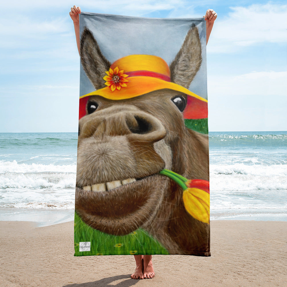 The Tulip Thief Towel: Whimsical Donkey in Floppy Yellow Hat Artwork Design by cathy dement