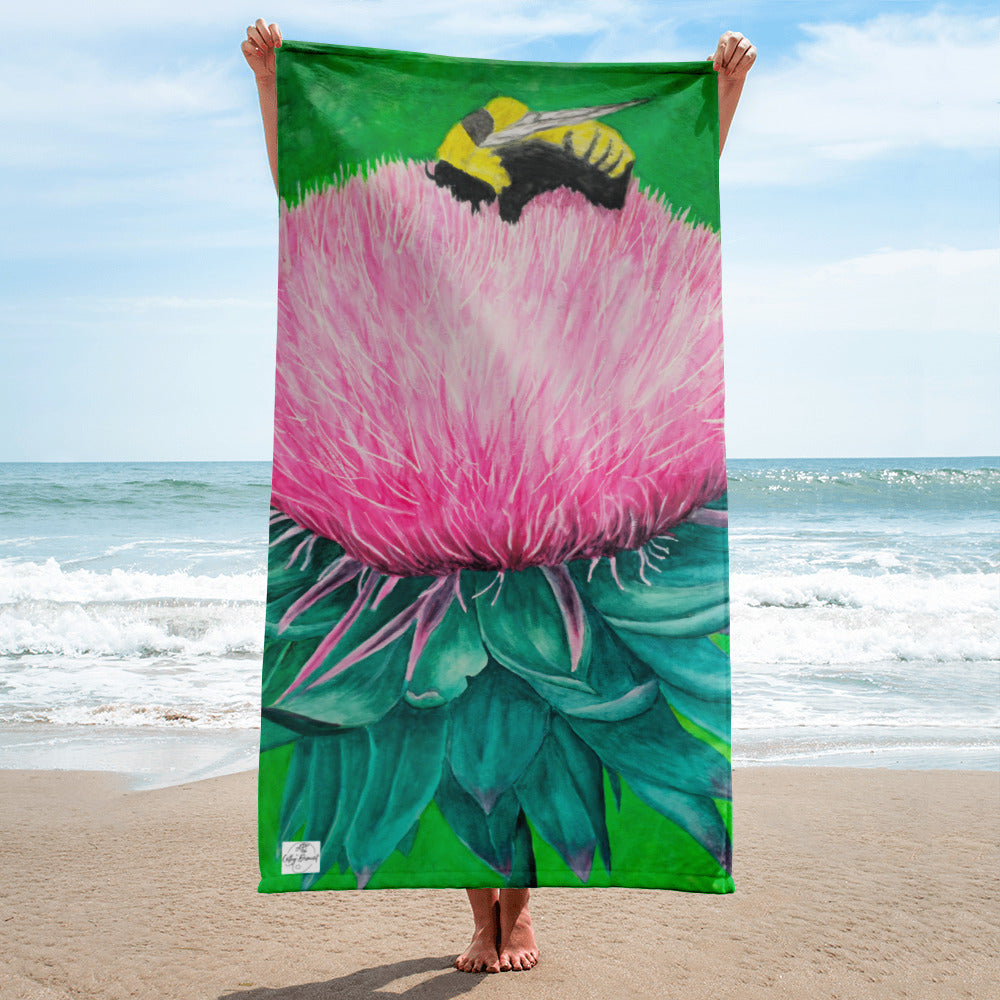 Bumble Bee Bliss Beach Towel: Pink Flower With Bee, Artistic Floral Pattern, Vibrant Beach Accessory for Summer Fun