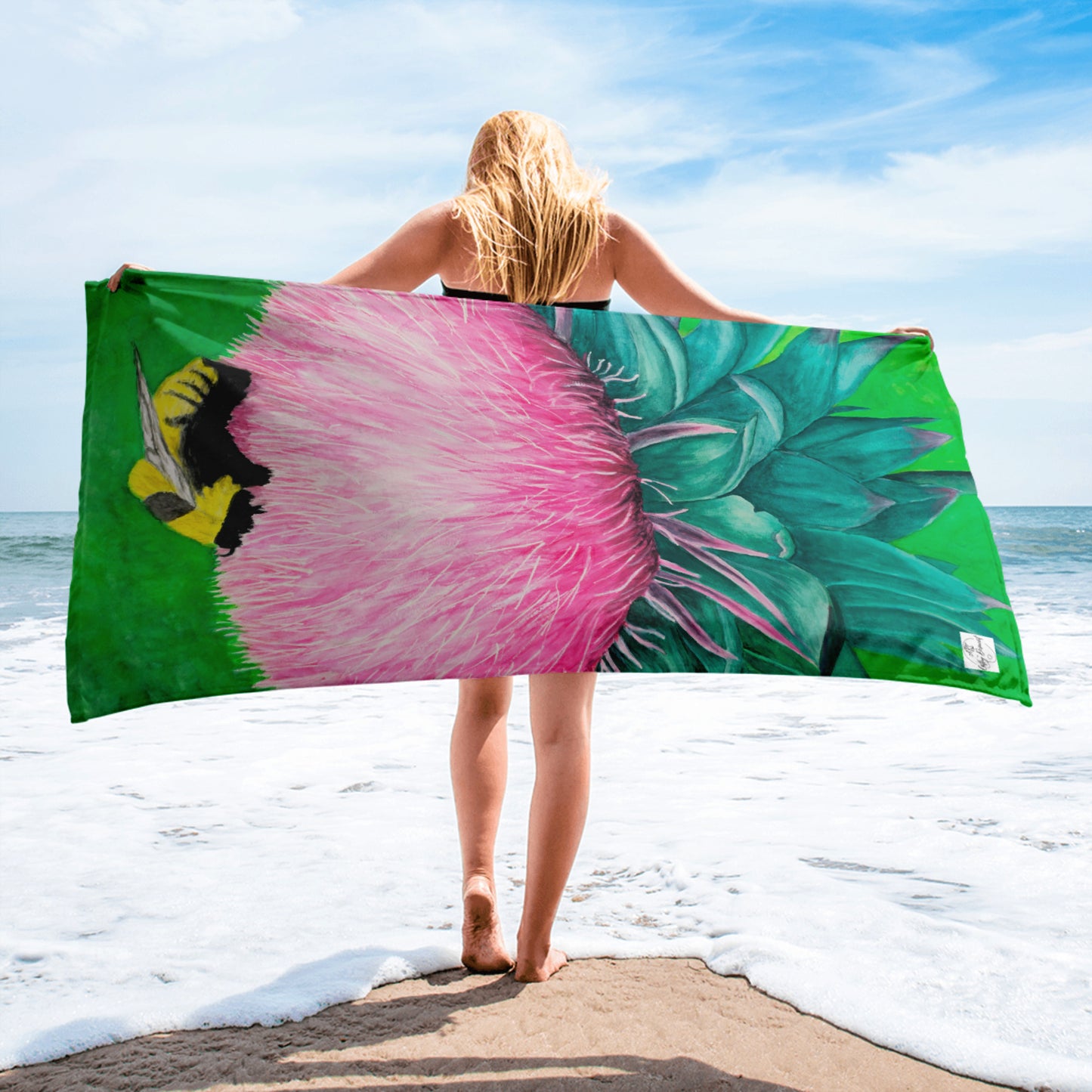 Bumble Bee Bliss Beach Towel: Pink Flower With Bee, Artistic Floral Pattern, Vibrant Beach Accessory for Summer Fun