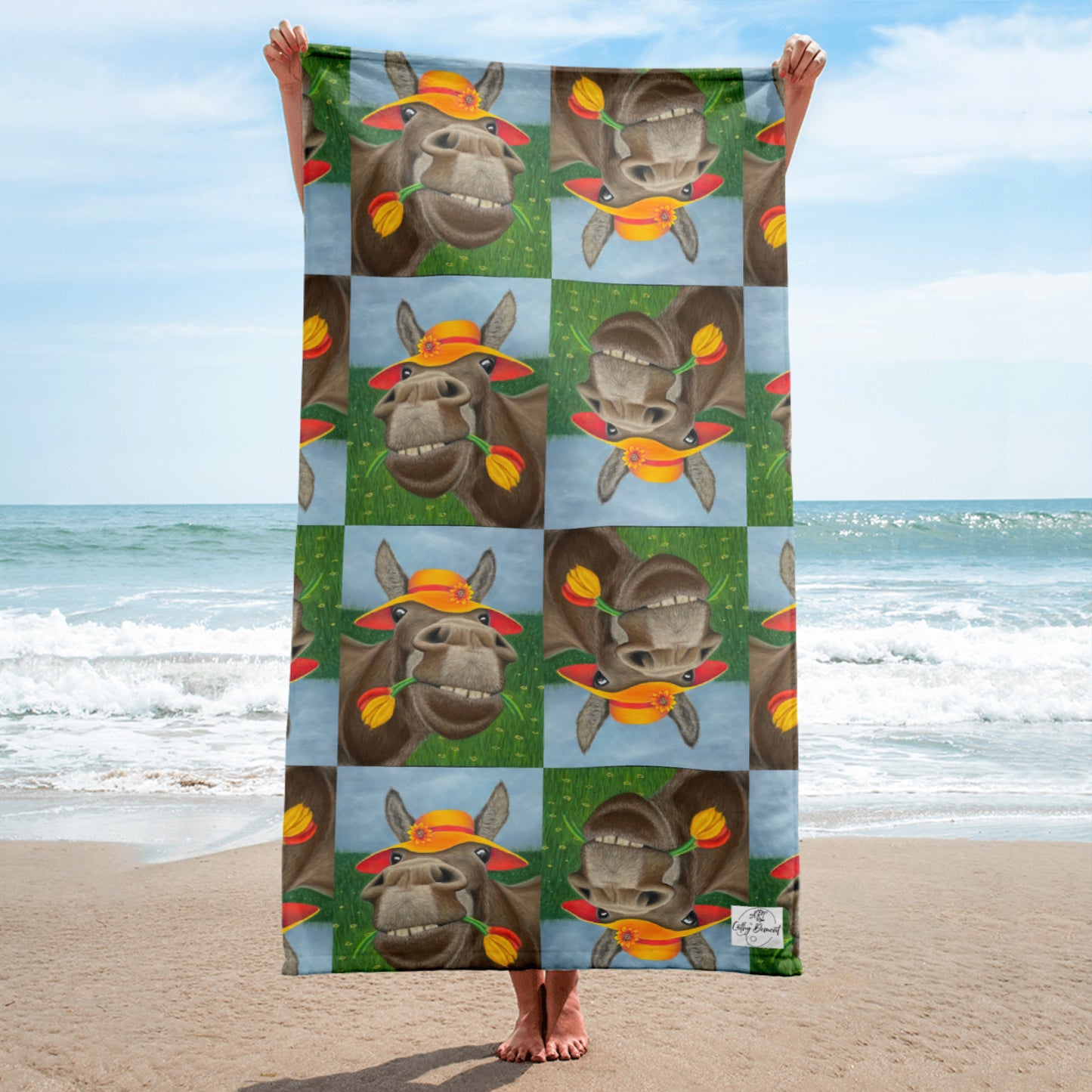 Beach Towel: The Tulip Thief Whimsical Donkey In Floppy Hat Artwork