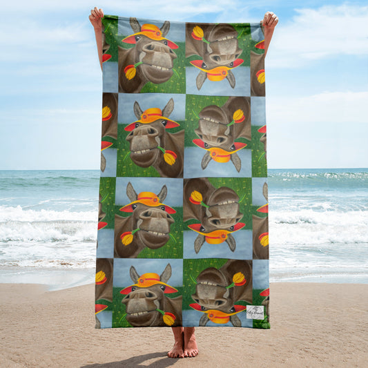 Beach Towel: The Tulip Thief Whimsical Donkey In Floppy Hat Artwork