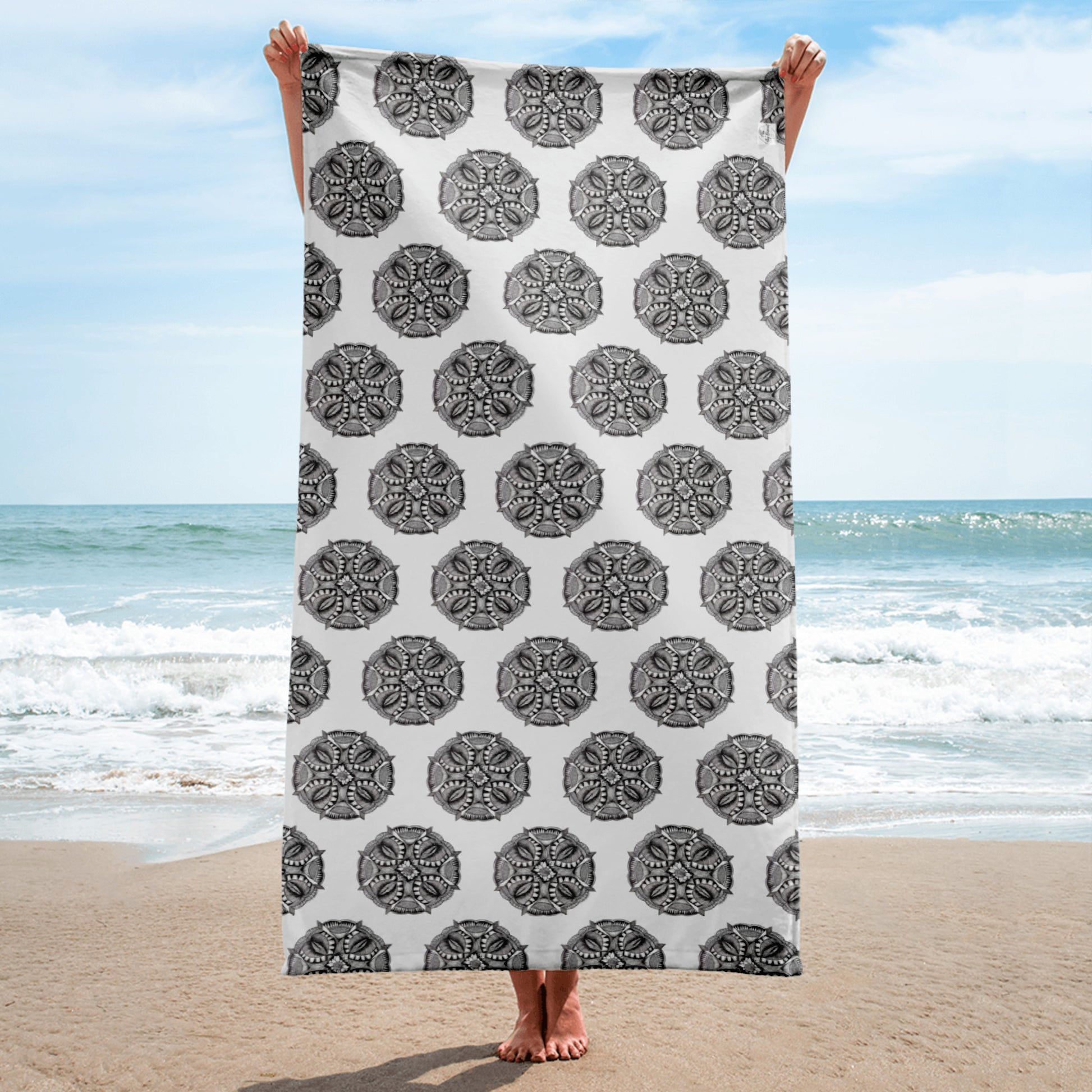 Beach Towel - Zen-Dala - Monochrome Zentangle Mandala Abstract Artwork Design