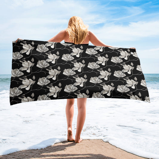 Beach Towel - Midnight Magnolias - Monochrome Black and White Magnolia Artwork Design