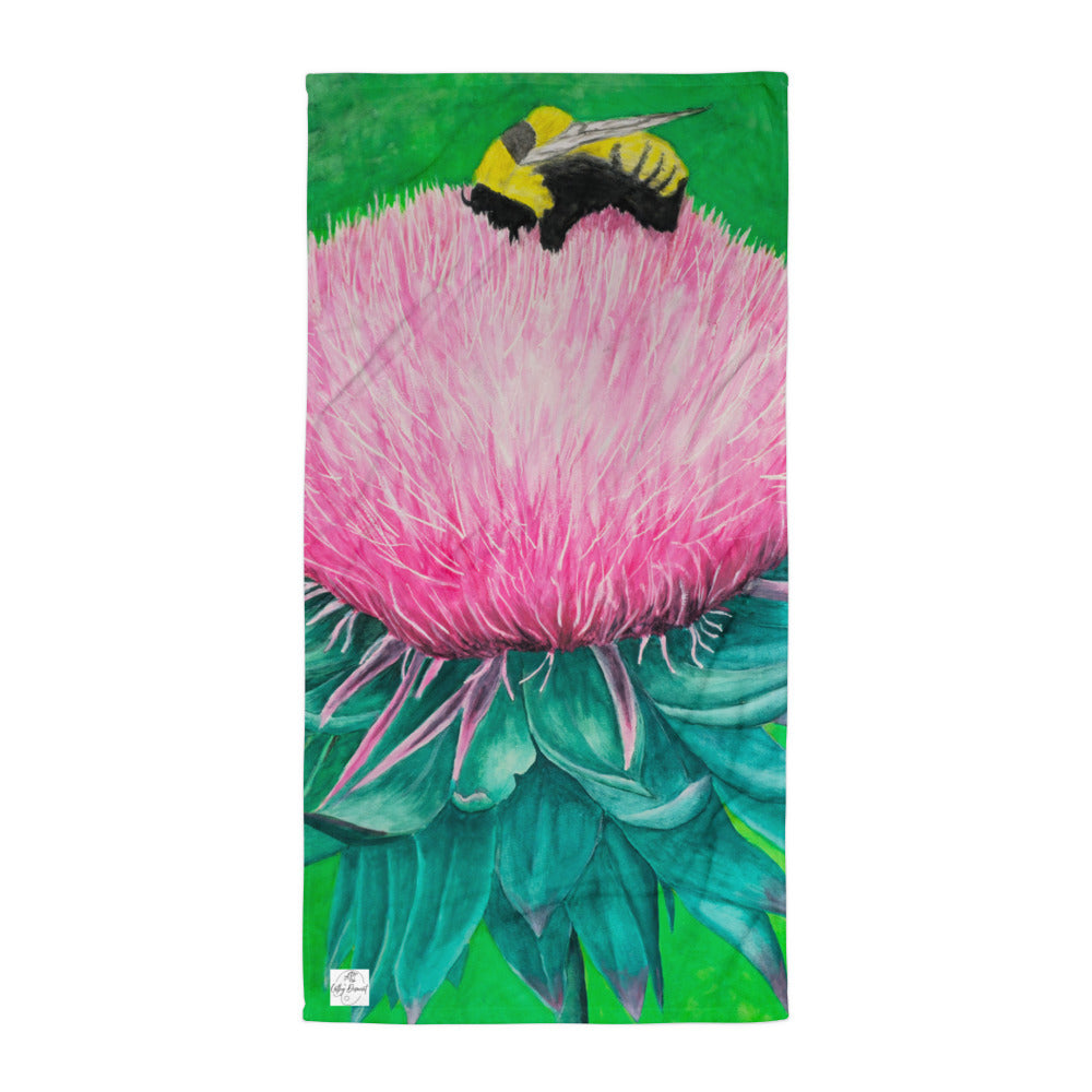 Bumble Bee Bliss Beach Towel: Pink Flower With Bee, Artistic Floral Pattern, Vibrant Beach Accessory for Summer Fun