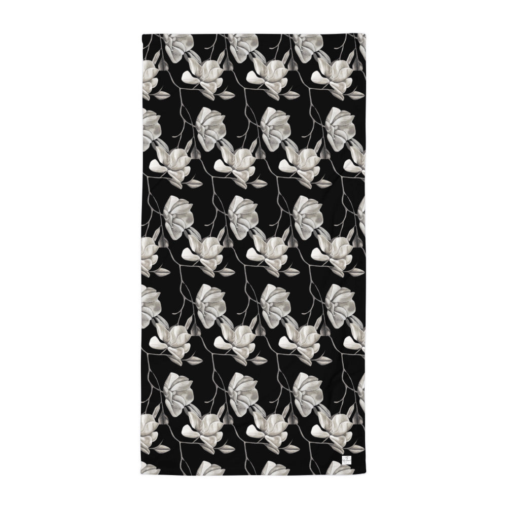 Beach Towel - Midnight Magnolias - Monochrome Black and White Magnolia Artwork Design