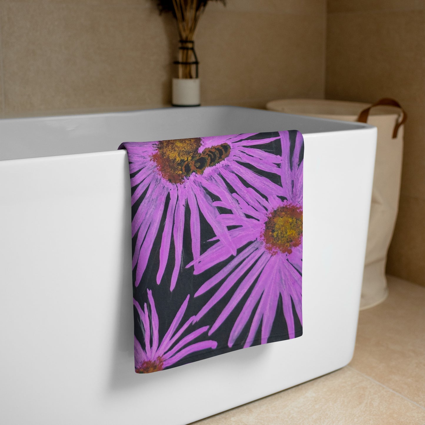 Beach Towel - Purple Aster Flowers with Bee -  Colorful Floral Artwork Design