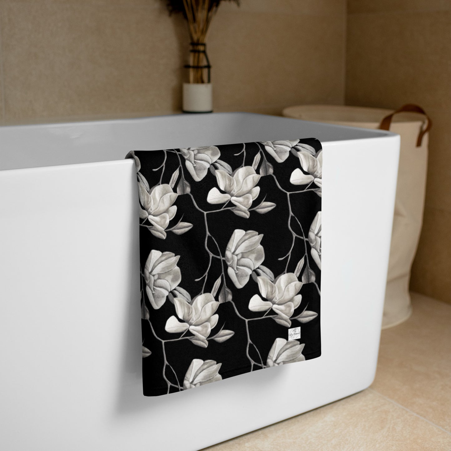 Beach Towel - Midnight Magnolias - Monochrome Black and White Magnolia Artwork Design