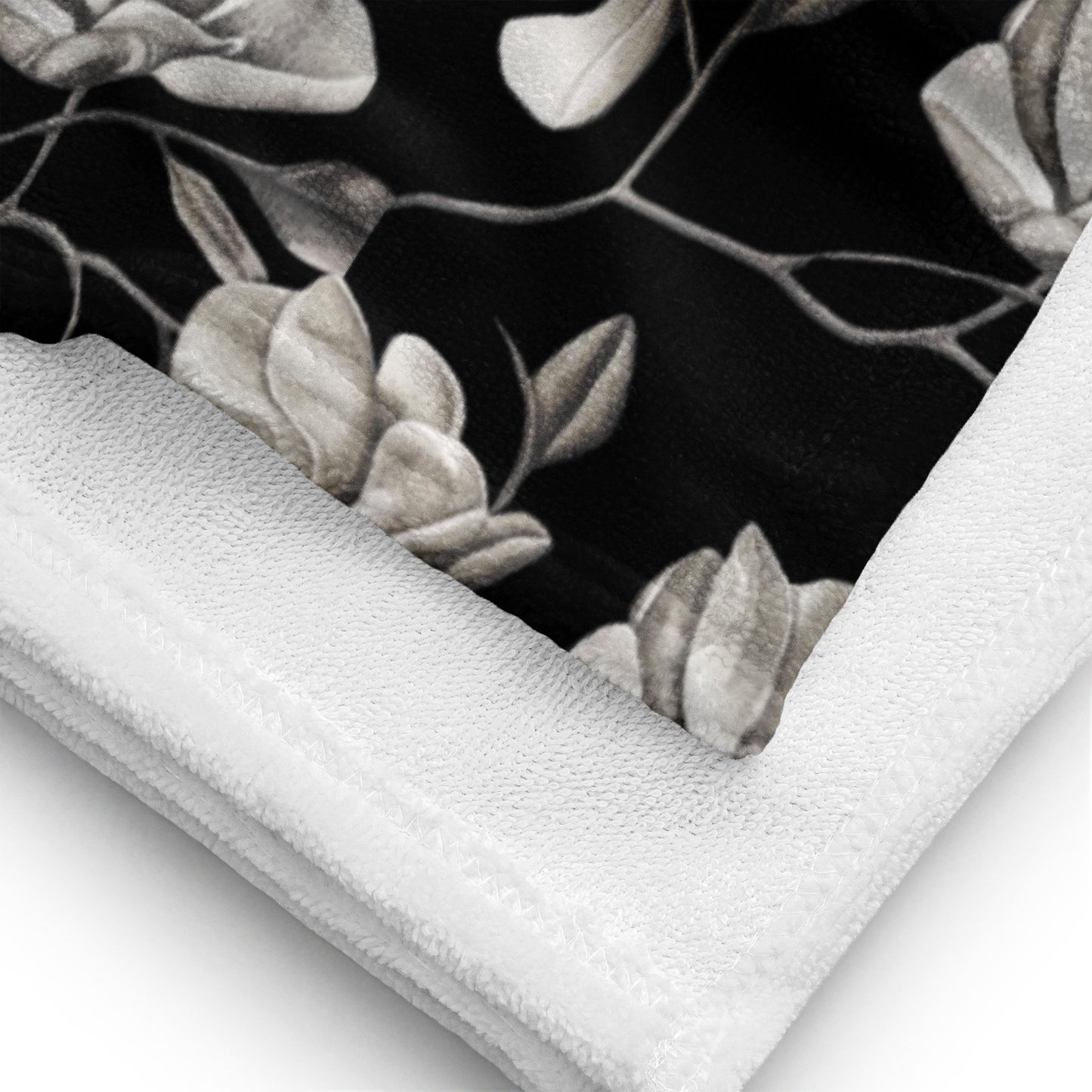 Beach Towel - Midnight Magnolias - Monochrome Black and White Magnolia Artwork Design