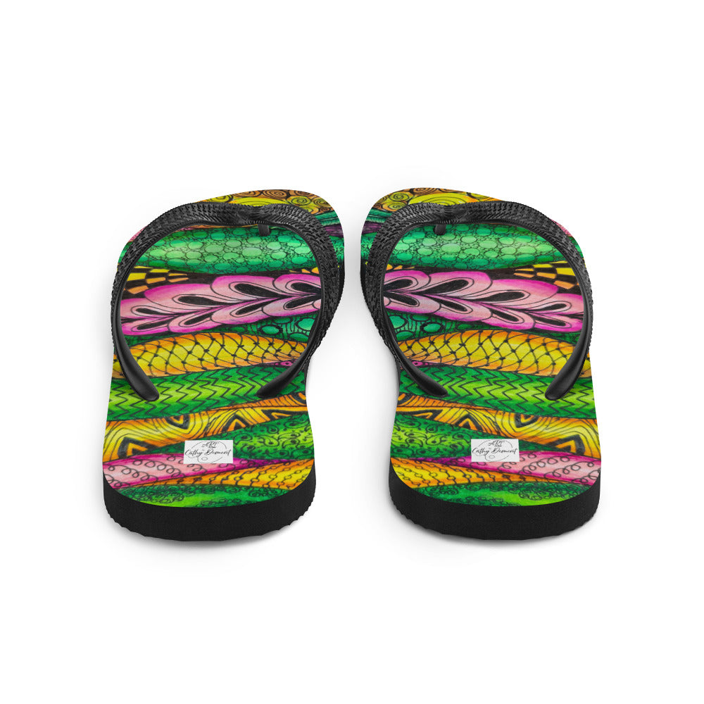 Flip-Flops - Zen Bloom - Colorful Zentangle Abstract Artwork Design, Wearable Art Shoes