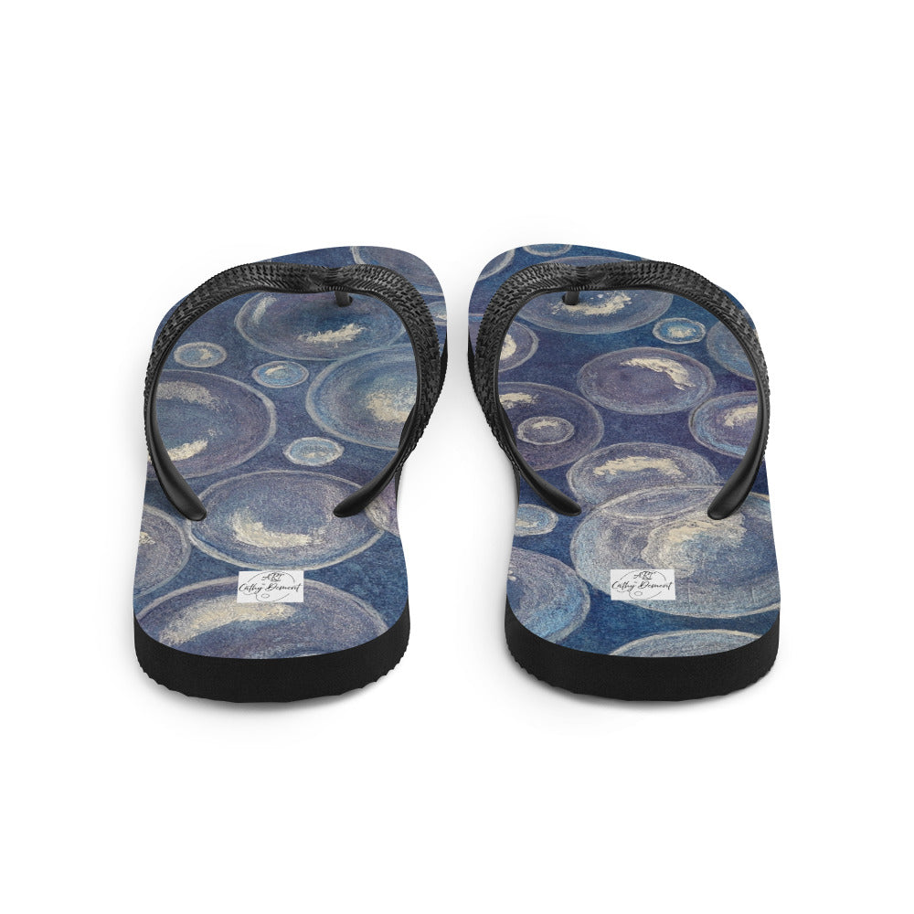 Flip-Flops - Tranquil Reflections - Colorful Blue and White Bubble Artwork Design, Wearable Art Shoes