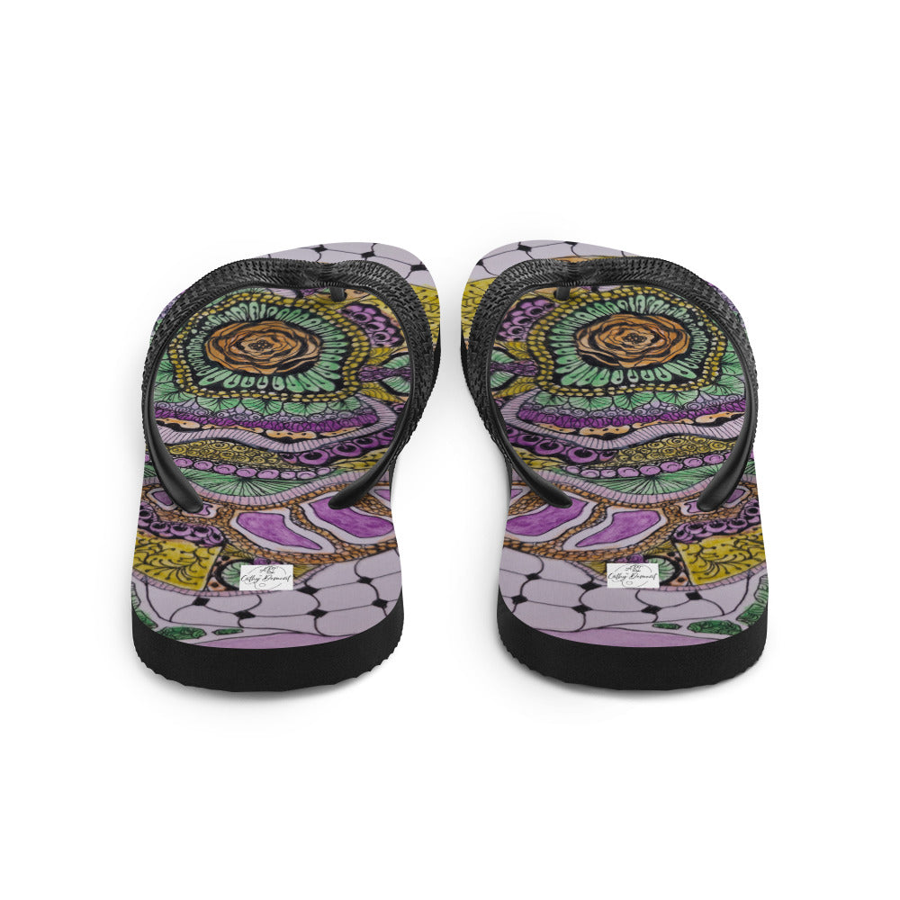 Flip-Flops - Zen Floral Bliss - Colorful Zentangle Abstract Artwork Design, Wearable Art Shoes