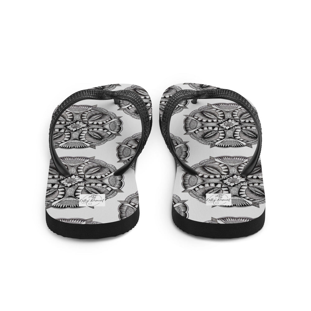 Flip-Flops - Zen-Dala - Monochrome Mandala Zentangle Abstract Artwork Design, Wearable Art Shoes