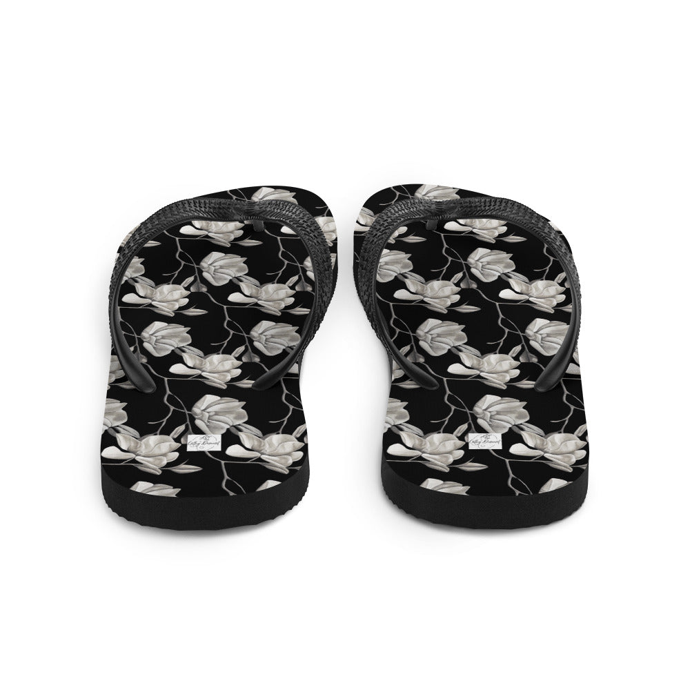 Flip-Flops - Midnight Magnolias - Monochrome Black and White Floral Artwork Design, Wearable Art Shoes