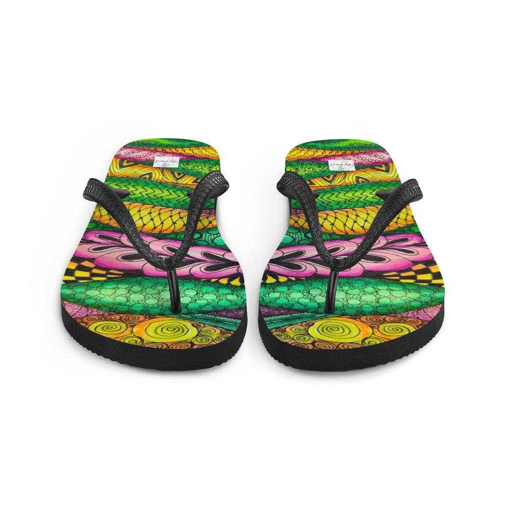 Flip-Flops - Zen Bloom - Colorful Zentangle Abstract Artwork Design, Wearable Art Shoes