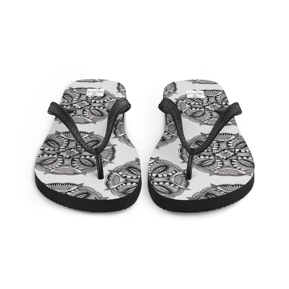 Flip-Flops - Zen-Dala - Monochrome Mandala Zentangle Abstract Artwork Design, Wearable Art Shoes