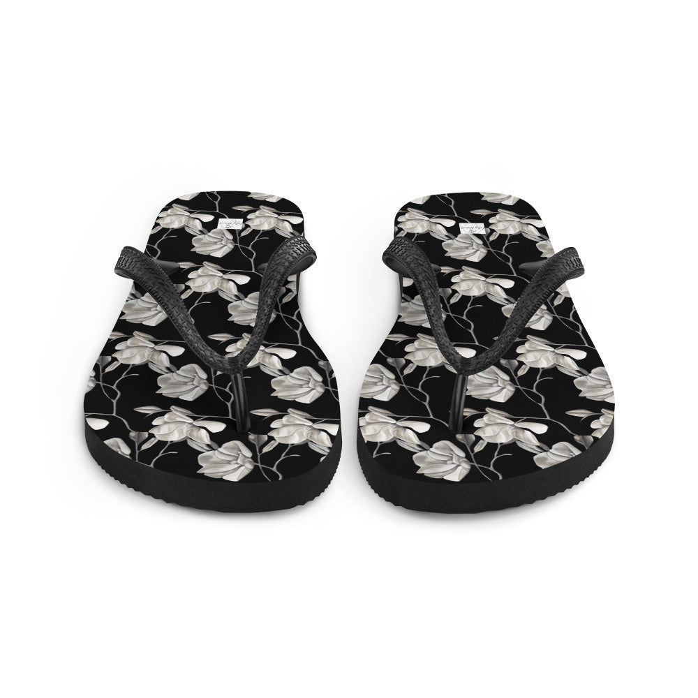 Flip-Flops - Midnight Magnolias - Monochrome Black and White Floral Artwork Design, Wearable Art Shoes