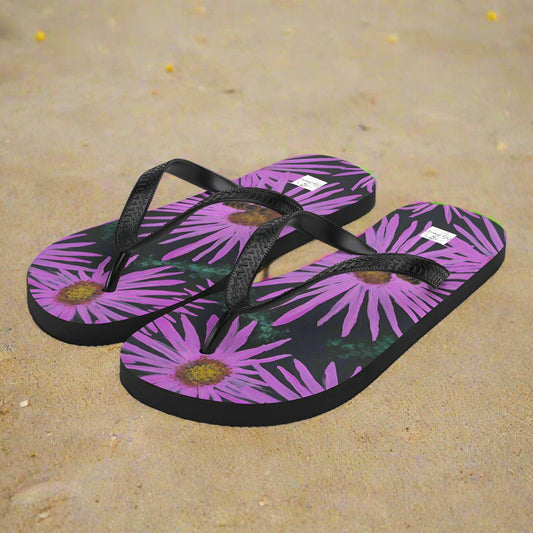 Flip-Flops - Purple Aster Flowers with Bee - Colorful Floral Artwork Design, Wearable Art Shoes