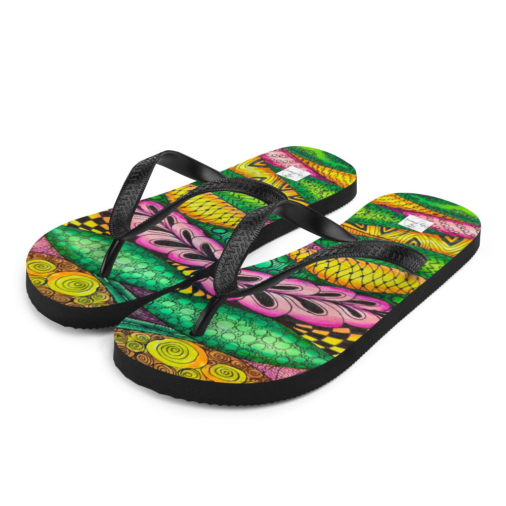 Flip-Flops - Zen Bloom - Colorful Zentangle Abstract Artwork Design, Wearable Art Shoes