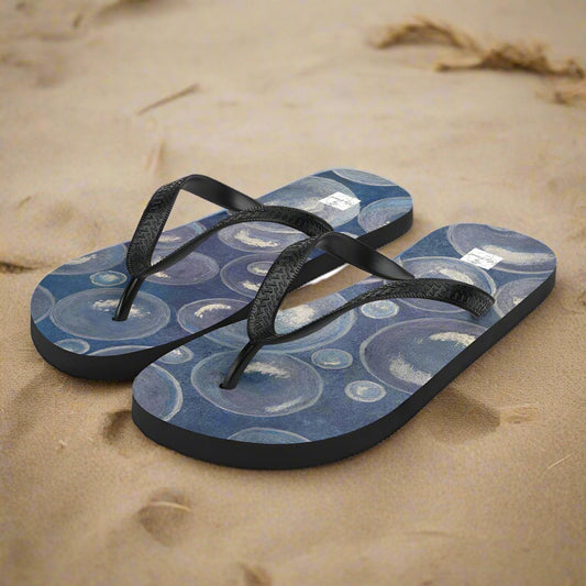 Flip-Flops - Tranquil Reflections - Colorful Blue and White Bubble Artwork Design, Wearable Art Shoes