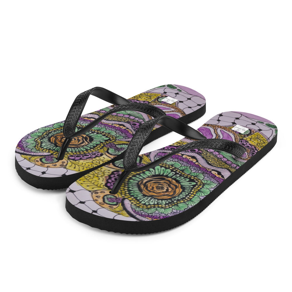 Flip-Flops - Zen Floral Bliss - Colorful Zentangle Abstract Artwork Design, Wearable Art Shoes