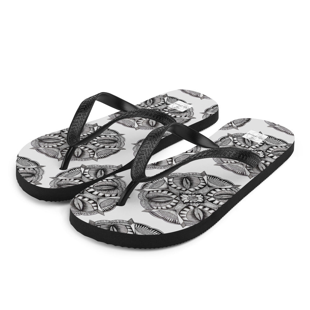 Flip-Flops - Zen-Dala - Monochrome Mandala Zentangle Abstract Artwork Design, Wearable Art Shoes