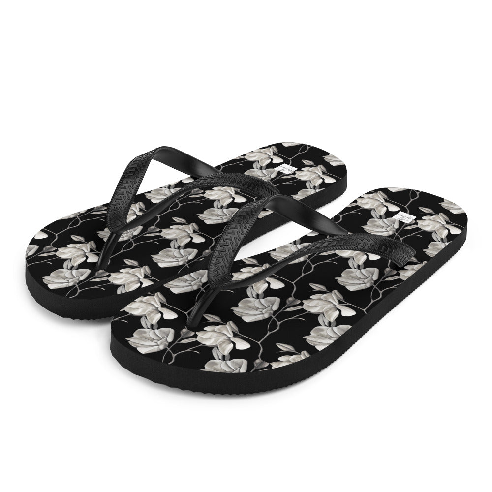 Flip-Flops - Midnight Magnolias - Monochrome Black and White Floral Artwork Design, Wearable Art Shoes