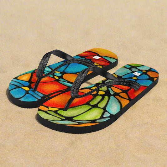 Flip-Flops - Petals in Motion - Colorful Zentangle Abstract Artwork Design, Wearable Art Shoes