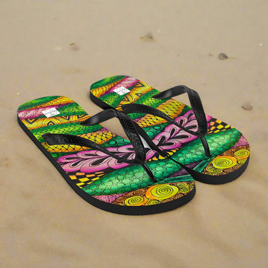 Flip-Flops - Zen Bloom - Colorful Zentangle Abstract Artwork Design, Wearable Art Shoes