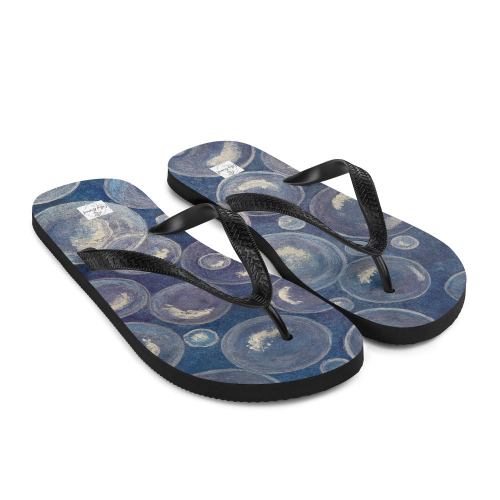 Flip-Flops - Tranquil Reflections - Colorful Blue and White Bubble Artwork Design, Wearable Art Shoes