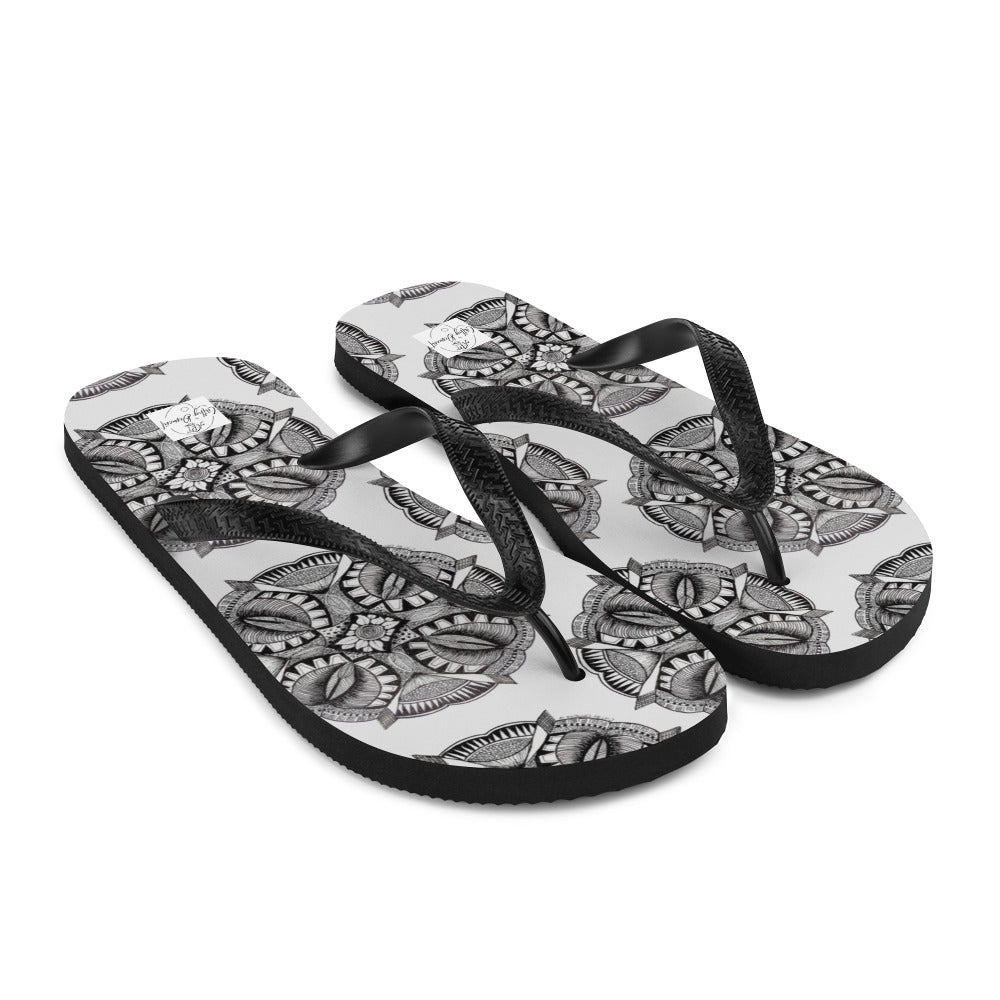 Flip-Flops - Zen-Dala - Monochrome Mandala Zentangle Abstract Artwork Design, Wearable Art Shoes