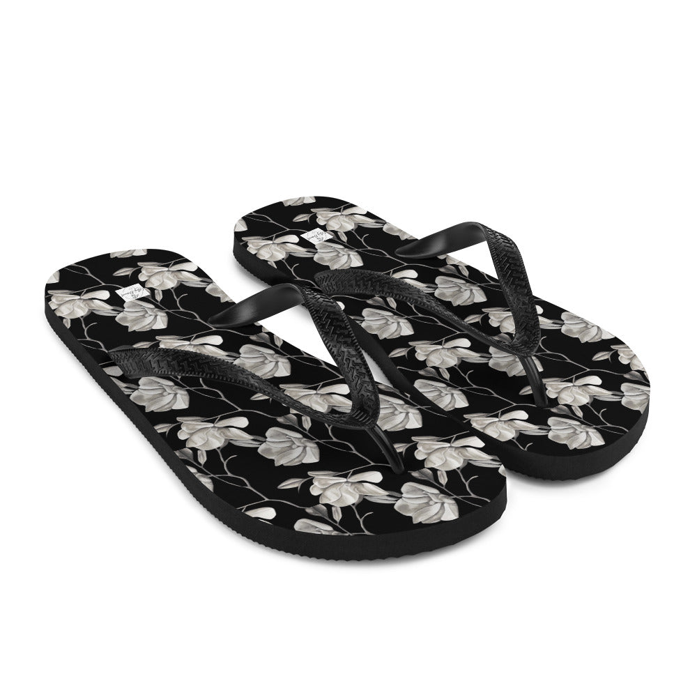 Flip-Flops - Midnight Magnolias - Monochrome Black and White Floral Artwork Design, Wearable Art Shoes