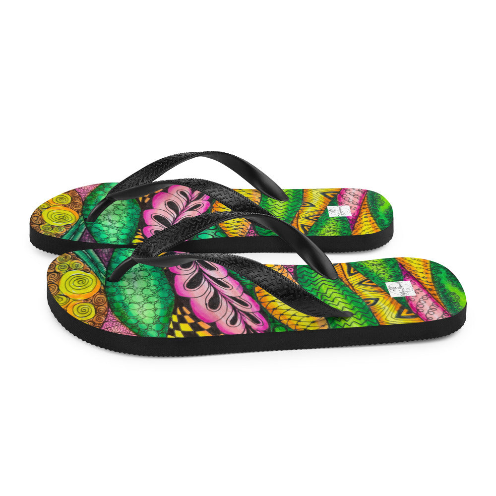 Flip-Flops - Zen Bloom - Colorful Zentangle Abstract Artwork Design, Wearable Art Shoes