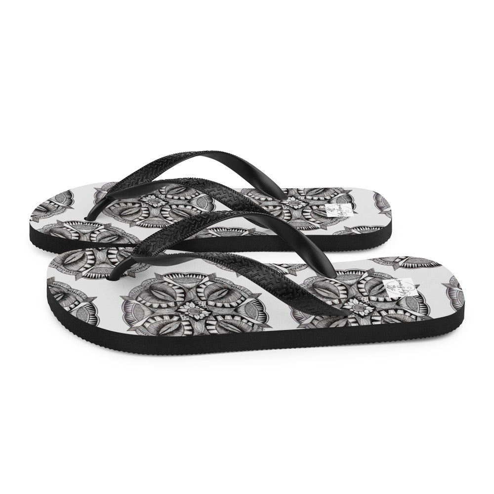 Flip-Flops - Zen-Dala - Monochrome Mandala Zentangle Abstract Artwork Design, Wearable Art Shoes