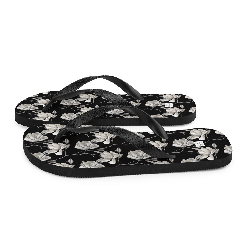 Flip-Flops - Midnight Magnolias - Monochrome Black and White Floral Artwork Design, Wearable Art Shoes